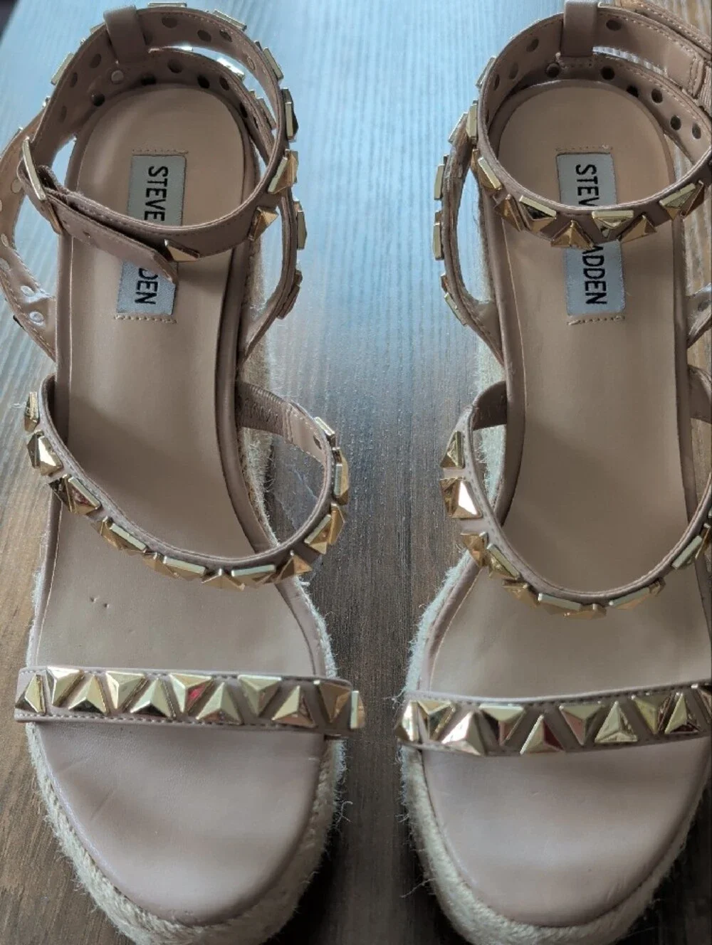 Steve Madden Beige Espadrille Wedge Sandals with Gold Studs